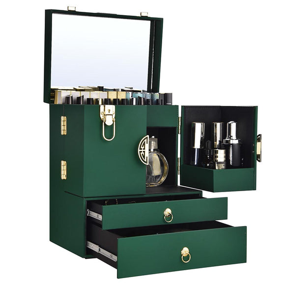 Makeup Train Case with Mirror Drawers Lockable Green