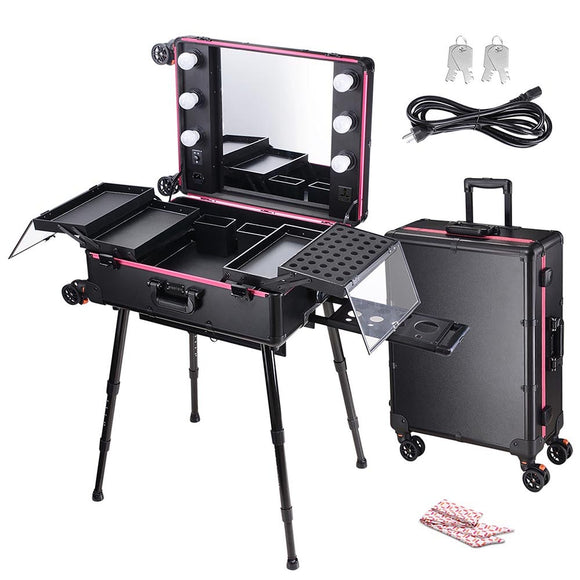 Byootique 4-wheel Pro Rolling Makeup Cosmetic Case w/ LED Light & Stand