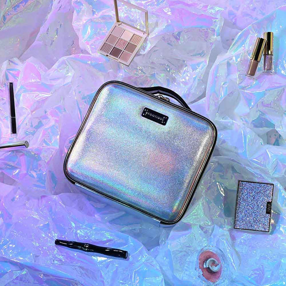 Iridescent Cosmetic Case with Brush Holder Mirror