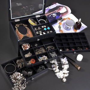 Tabletop Jewelry Box Organizer Cabinet w/ Mirror - Black
