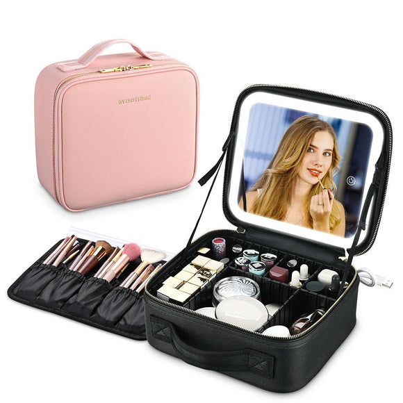 LED Mirror Travel Makeup Box with Brush Holder